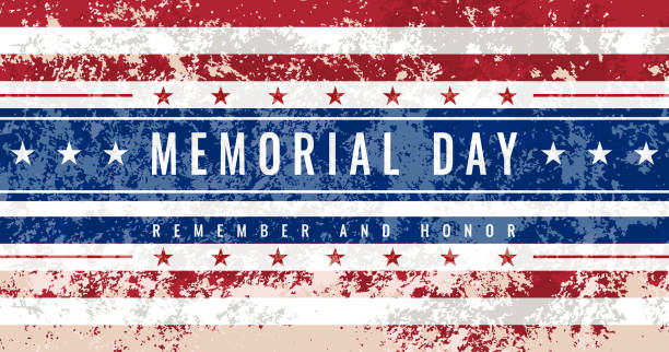 Memorial Day - Remember and Honor Poster. Grunge greeting card. US Memorial Day celebration. American national holiday. Template with text on the background of part of the vintage USA flag Memorial Day - Remember and Honor Poster. Grunge greeting card. US Memorial Day celebration. American national holiday. Template with text on the background of part of the vintage USA flag. Vector memorial day stock illustrations