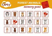 Memory game for preschool children, vector cards with forest animals. Find two identical picture. Kids activity page for book.