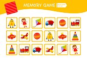 Memory game for preschool children, vector cards with  cartoon toys. Find two identical picture. Kids activity page for book.