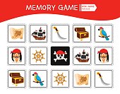 Memory game for preschool children, vector cards with pirate accessories. Find two identical picture. Kids activity page for book.