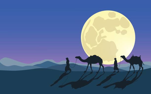 ilustrações de stock, clip art, desenhos animados e ícones de men and camels do across desert in moonlight. full and super moon. desert safari. - supermoon