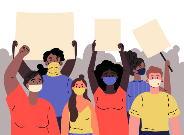 Men and women in mask taking part in protest,rally Crowd of protesting people holding banners and placards.protest.Men and women taking part in rally,protest.Group of international male and female protesters or activists.Vector illustration protest stock illustrations