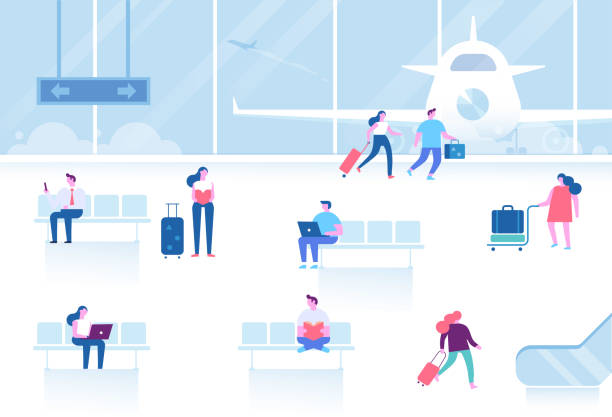 ilustrações de stock, clip art, desenhos animados e ícones de men and women sitting and walking in airport terminal. - airport lounge business
