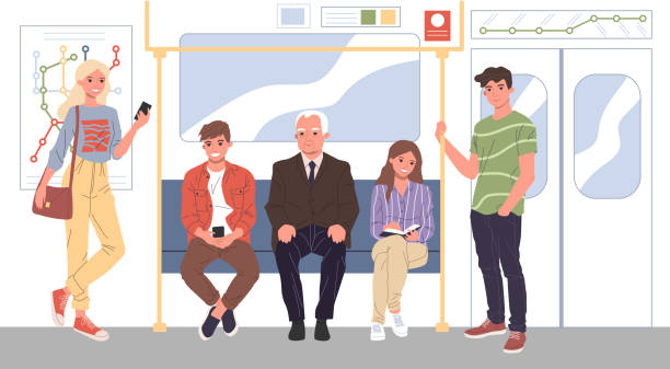 stockillustraties, clipart, cartoons en iconen met mannen en vrouwen die zich in metro bevinden - train travel