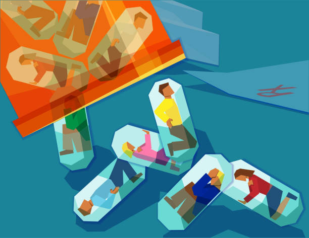 men and women suffering with pain trapped inside pill capsules - prescription drug addiction concept men and women in pain inside pill capsules being emptied out of a pill bottle - drug addiction concept vector illustration chronic pain stock illustrations