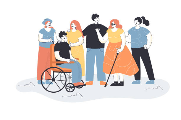 ilustrações, clipart, desenhos animados e ícones de homens e mulheres acolhendo pessoas com deficiência - pcd