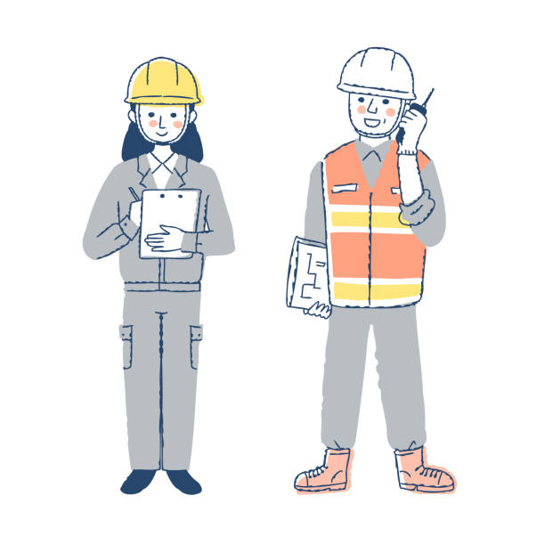Men and women working in civil engineering and construction Civil engineering, construction industry, workers, work, business people, work clothes construction worker safety checklist stock illustrations