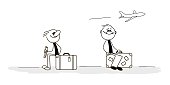 Doodle stick figure: Men at the airport, sitting on a suitcase. - Vector