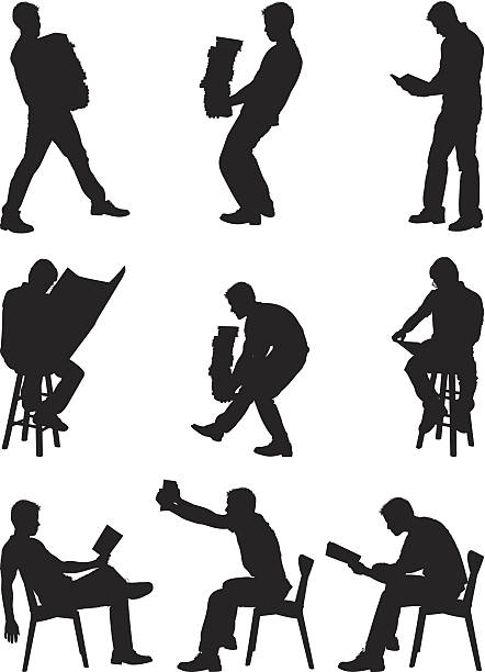 Men carrying stacks of books and reading Men carrying stacks of books and readinghttp://www.twodozendesign.info/i/1.png newspaper silhouettes stock illustrations
