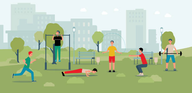 夏の自然の中で都市公園でスポーツをしている男性 - 漫画の人々のトレーニング - 筋トレ点のイラスト素材／クリップアート素材／マンガ素材／アイコン素材