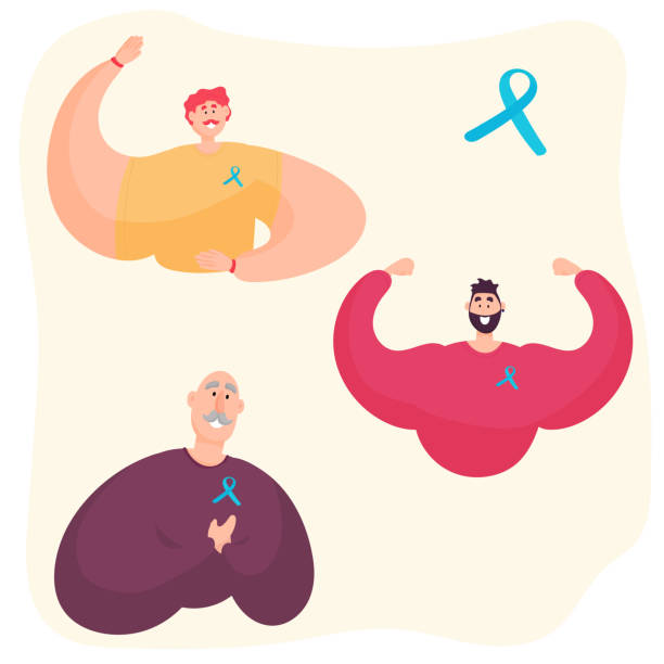 Men of different ages with a mustache and a blue ribbon about prostate cancer. Vector illustration Movember poster design, prostate cancer awareness. For educational and informational materials, for the design of banners, posters, advertising november stock illustrations