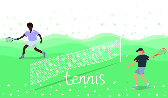 Men play tennis. Banner. Vector graphics.