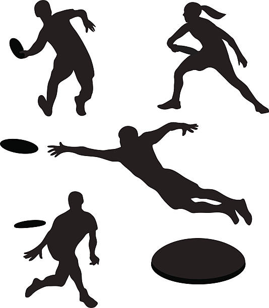 Men playing ultimate frisbee 4 silhouettes Men playing ultimate frisbee 4 silhouettes. Vector illustration frisbee clipart stock illustrations