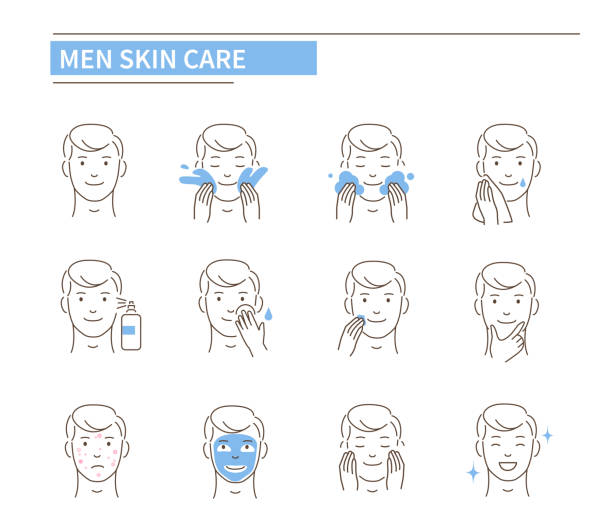 bildbanksillustrationer, clip art samt tecknat material och ikoner med män hud vård - smörja in sig