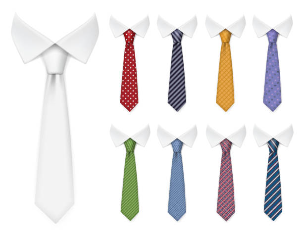 Men ties. Fabric clothes items for male wardrobe elegant style ties different colors and textures vector realistic mockup collection Men ties. Fabric clothes items for male wardrobe elegant style ties different colors and textures vector realistic mockup collection. Fabric textile, elegance clothing accessory necktie illustration neck stock illustrations