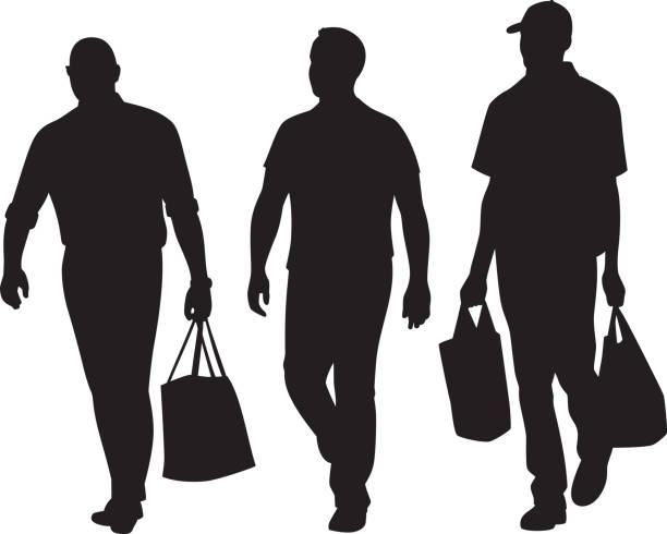 Men Walking Forward Silhouettes Vector silhouettes of three men carrying bags while walking forward. shopping silhouettes stock illustrations