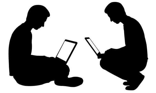 men with laptops silhouettes of men with laptops writing activity silhouettes stock illustrations