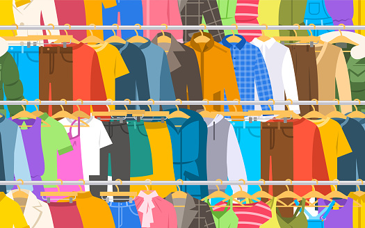 Men and women clothes on long hanger racks seamless pattern. Many different garments hanging on store hanger stands. Flat cartoon vector background.