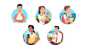 Men & women having lunch meal or snack break food set. Hungry business people eating at work, home, outdoors on the go. Person enjoying dish, sandwich, chips, cookie, drinking flat style vector isolated illustration