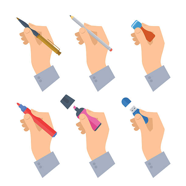 ilustrações de stock, clip art, desenhos animados e ícones de men's hands with writing tools and office supplies set. - man with pen