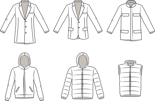 Men's Outerwear clothes, Garment illustration, Coat, Blazer. Jacket, vector