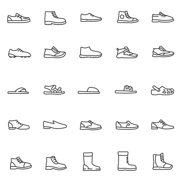 Men's shoes, linear icon set. Casual and special footwear, for different seasons. Line with editable stroke Men's shoes, icon set. Casual and special footwear, for different seasons linear icons. Line with editable stroke crocodile stock illustrations