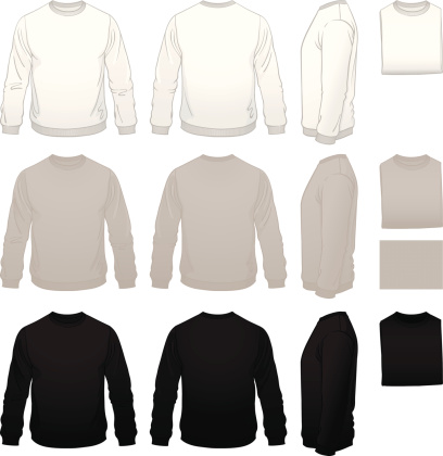 Expanding the garment collection to include men's sweatshirt templates.  Front, back and side views with folded versions in white, gray and black.  (Use the folded version to show different color options of your design in a small amount of space.)  These shirts have some life to them, with a realistically filled out, on the body look.  The illustrations are very clean, with thick-to-thin linework.  Everything is well organized.