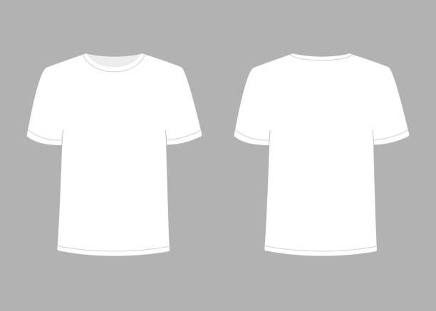 ilustrações, clipart, desenhos animados e ícones de camiseta branca masculina com manga curta. camisa mockup na frente e atrás vista. ilustração do modelo vetorial - camiseta branca