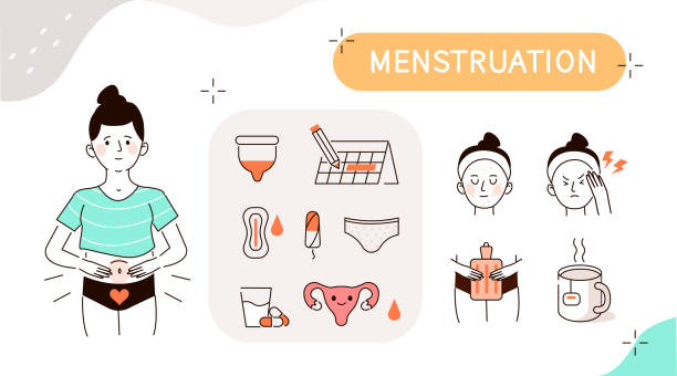 menstruation Woman Menstruation Cycle Elements Collection. Gynecological hygiene Products. Pad, Menstrual cup, Tampons. Feminine Hygiene for Period. Hand Drawn Cartoon Vector Illustration and Icons Set. pain drawings stock illustrations