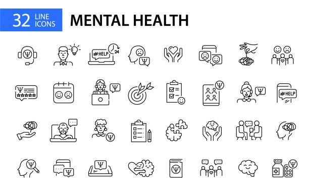 32 mental health and psychotherapy icons. Pixel perfect, editable stroke line art icon vector art illustration