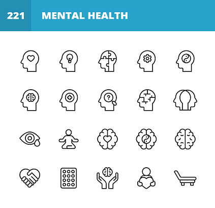 20 Mental Health and Wellbeing Outline Icons. Mental Health, Anxiety, Advice, Attitude, Care, Confidence, Confusion, Emotional Stress, Friendship, Happiness, Healthcare, Medicine, Hospital Bed, Hospital, Human Brain, Illness, Loneliness, Mental Wellbeing, Positive Emotion, Psychiatric Hospital, Psychotherapy, Sadness, Satisfaction, Schizophrenia, Support, A Helping Hand, Family, Adult, Therapy, Disorder, Social Distance.