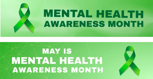 Mental health awareness month concept. Set of two themed vector banner designs with green ribbon awareness and text.  Vector illustration. Mental health awareness month concept. Set of two themed vector banner designs with green ribbon and text.  Vector illustration. mental health awareness stock illustrations