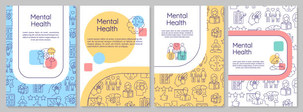 szablon broszury na temat zdrowia psychicznego. psychologiczne wellness. ulotka psychiatrii, broszura, druk ulotki, projekt okładki z liniowymi ikonami. układy wektorowe dla czasopism, raporty roczne, plakaty reklamowe - mental health stock illustrations