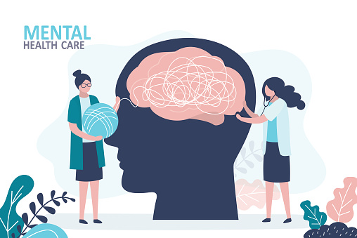 Mental health care treatment concept. Specialist doctor work to give psychology therapy. Doctor and nurse help solve mental problems. Funny female characters in trendy style. Flat vector illustration