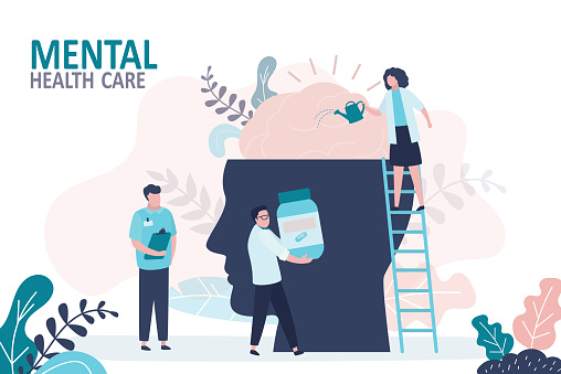 Mental health care treatment. Doctor stands on stairs with watering can. Group of neurologists treat patient. Concept of brain care and psychotherapy. Psychological help. Flat vector illustration