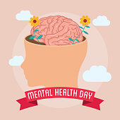 Mental Health Day lettering with brain in head profile and flowers vector illustration design