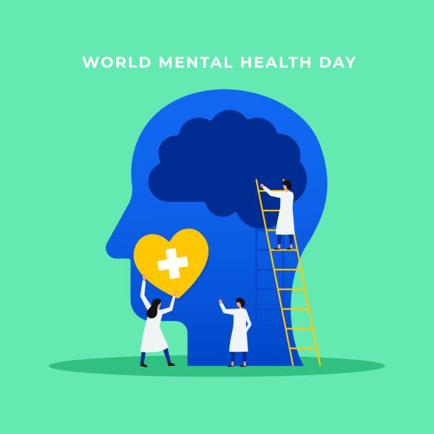 정신 건강 의료 치료 벡터 그림입니다. 전문 의사는 세계 정신 건강의 날 개념 포스터 배경에 대한 심리학 사랑 치료를 제공하기 위해 함께 작동합니다. 작은 사람들이 디자인 스타일. - mental health stock illustrations
