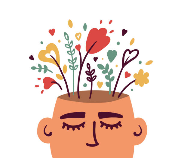Mental health or psychology concept with flowering human head Mental health, psychology vector concept. Human head with flowers inside. Positive thinking, self care, healthy slow life. Wellbeing, wellness mind. Acceptance, blooming brain abstract illustration love emotion stock illustrations