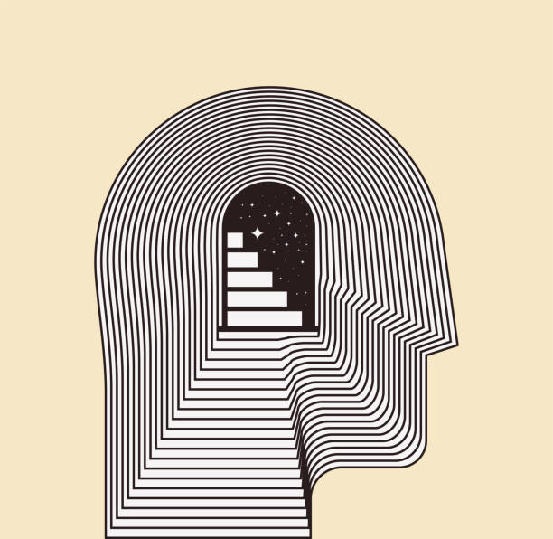 Mental health psychotherapy or inner world or meditation concept with side view human head silhouette with door and stairways inside. Conceptual vector illustration Mental health psychotherapy or inner world or meditation concept with side view human head silhouette with door and stairways inside. Conceptual vector eps 10 illustration maze silhouettes stock illustrations