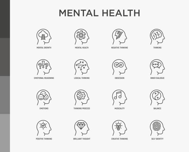 Mental health thin line icons set: mental growth, negative thinking, emotional reasoning, logical plan, obsession, inner dialogue, balance, brilliant thought, self identity. Modern vector illustration. Mental health thin line icons set: mental growth, negative thinking, emotional reasoning, logical plan, obsession, inner dialogue, balance, brilliant thought, self identity. Modern vector illustration. mental illness stock illustrations