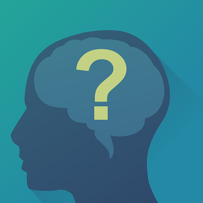 Silhouette of a man with the representation of his brain with a question mark on a blue background