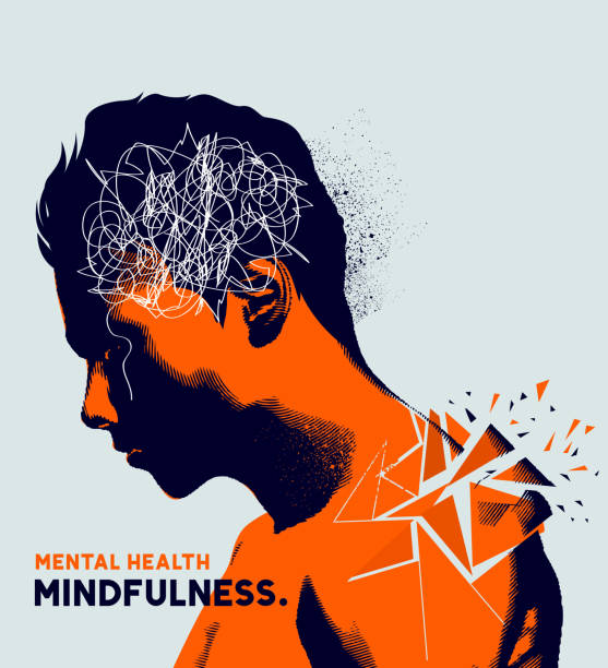 Mental health A man with his head lowered shattering showing mental health issues. Anxiety, depression and mindfulness awareness concept. mental illness stock illustrations