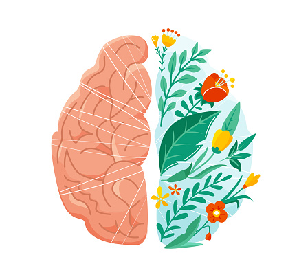 Mental health vector illustration. Left and right human brain concept. Balance design with flower, plant and leaves in flat simple style isolated on white background.