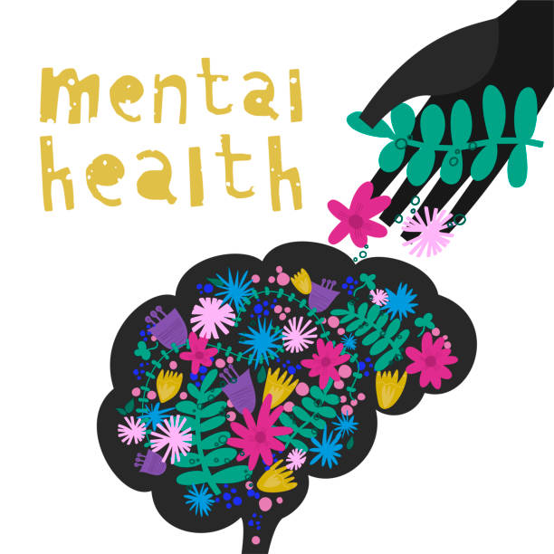 Mental health. Vector illustration Vector illustration of mental health concept with brain, flowers, helping hand positive mental health stock illustrations