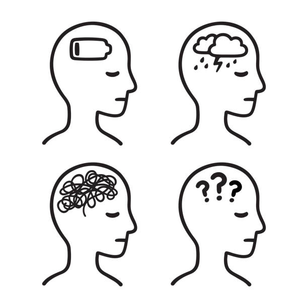 Mental illness head symbols Mental health symptoms: depression, anxiety, confusion, apathy. Black and white head silhouette with illness symbols. Hand drawn vector icon illustration. exhaustion stock illustrations