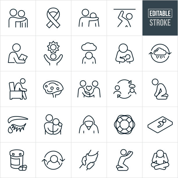 Mental Illness Thin Line Icons - Editable Stroke A set of mental illness icons that include editable strokes or outlines using the EPS vector file. The icons include a person consoling sad person with depression, awareness ribbon, person with arm around the shoulder of a troubled person, a person feeling trapped, a psychiatrist doing an evaluation, person with a sun to represent hope, depressed person with head down and a cloud over head, woman with head down holding baby to represent postpartum depression, depression cycle, sad person sitting in chair, affected bran, person showing compassion to another person, depressed person on his knees, eye with ear, troubled teen, life preserver, depressed person in bed, medication, clasped hands, depressed person reaching for heaven and a depressed person with head in hands to name a few. mental health stock illustrations