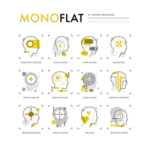 Mental Processes Monoflat Icons Infographics icons collection of mental processes, mind operation of thinking, brain health. Modern thin line icons set. Premium quality vector illustration concept. Flat design web graphics elements. focus concept stock illustrations