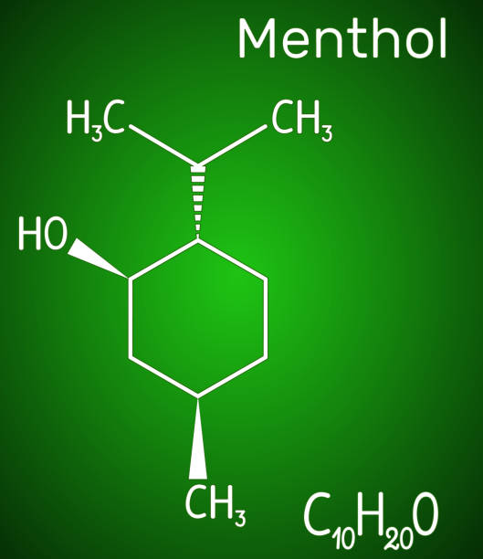 bildbanksillustrationer, clip art samt tecknat material och ikoner med mentol molekyl, finns i pepparmint och spearmint. det ger en kylande känsla, lindrar mindre smärta och irritation. strukturell kemisk formel på den gröna bakgrunden - green hydrogen