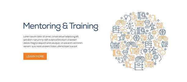 Szablon baneru mentoringowego i szkoleniowego z ikonami linii. Nowoczesna ilustracja wektorowa dla reklamy, nagłówka, strony internetowej.
