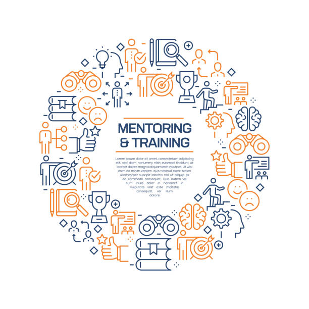 Koncepcja mentoringu i szkolenia - Kolorowe ikony linii, ułożone w kółko